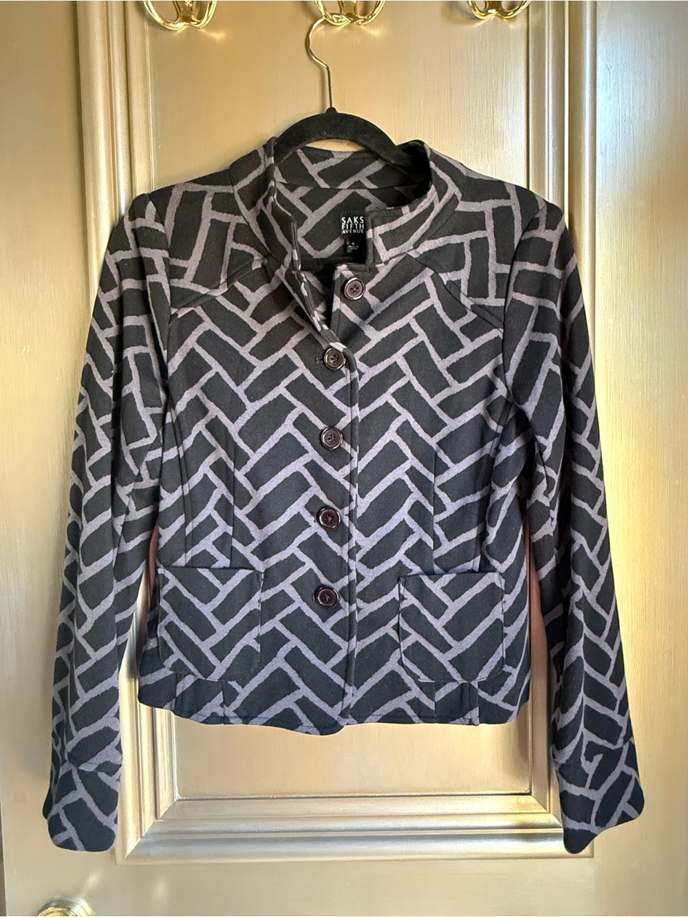 Saks Fifth Avenue Black and Gray Geometric Button-Up Jacket
